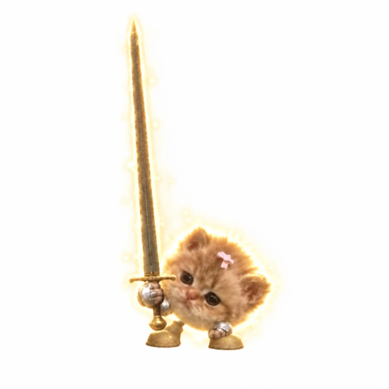 The tiny kitten tilts sideways under the weight of his giant sword