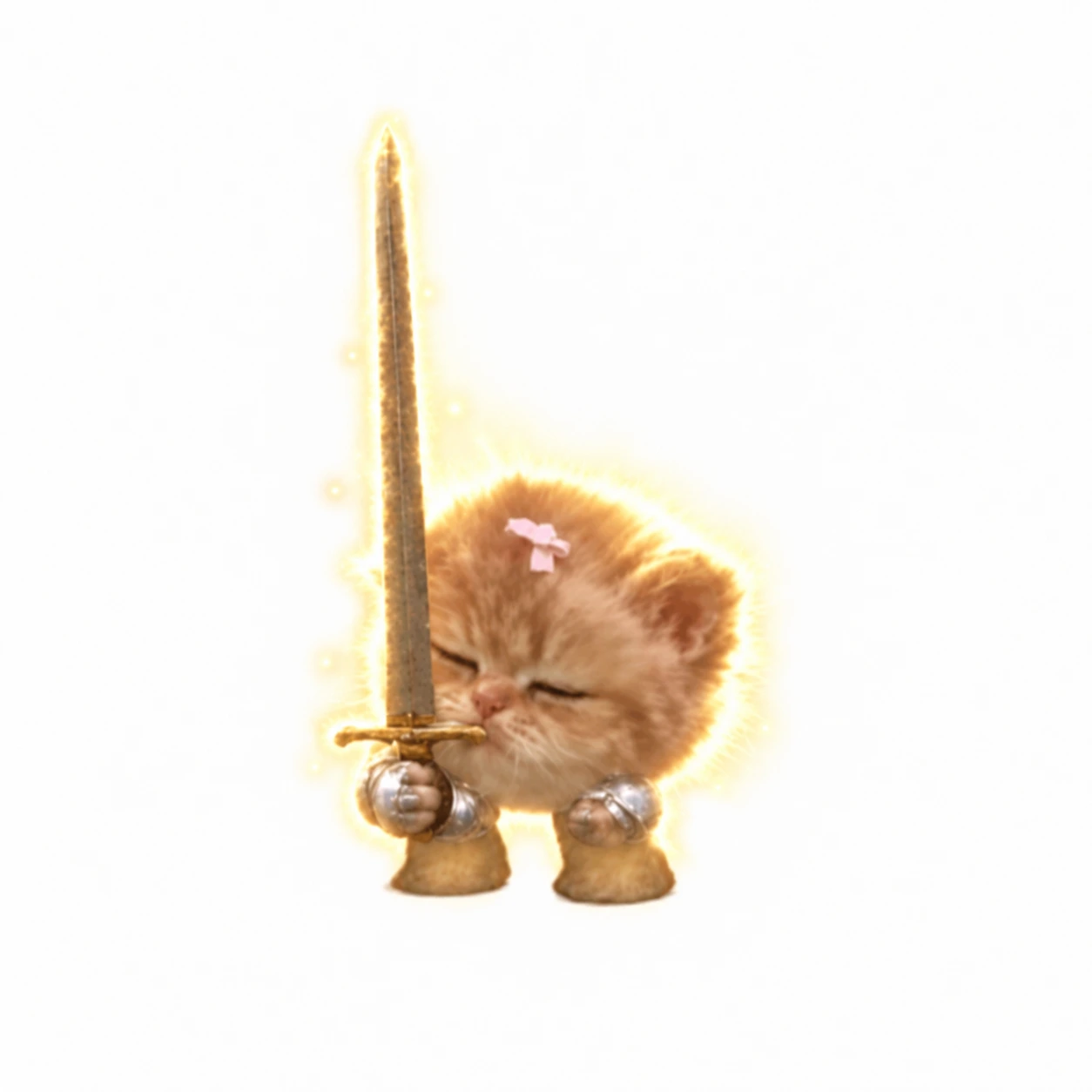 The little kitten sleeps with his head leaning against his sword