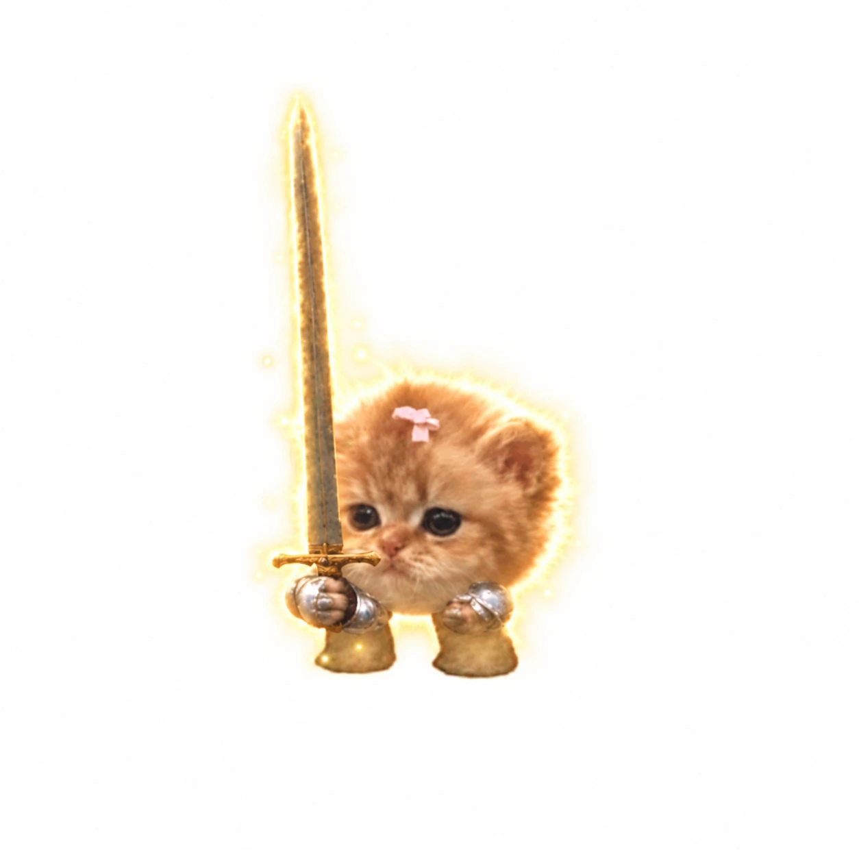 A tiny bodyless ginger kitten with a bow and a huge glowing sword