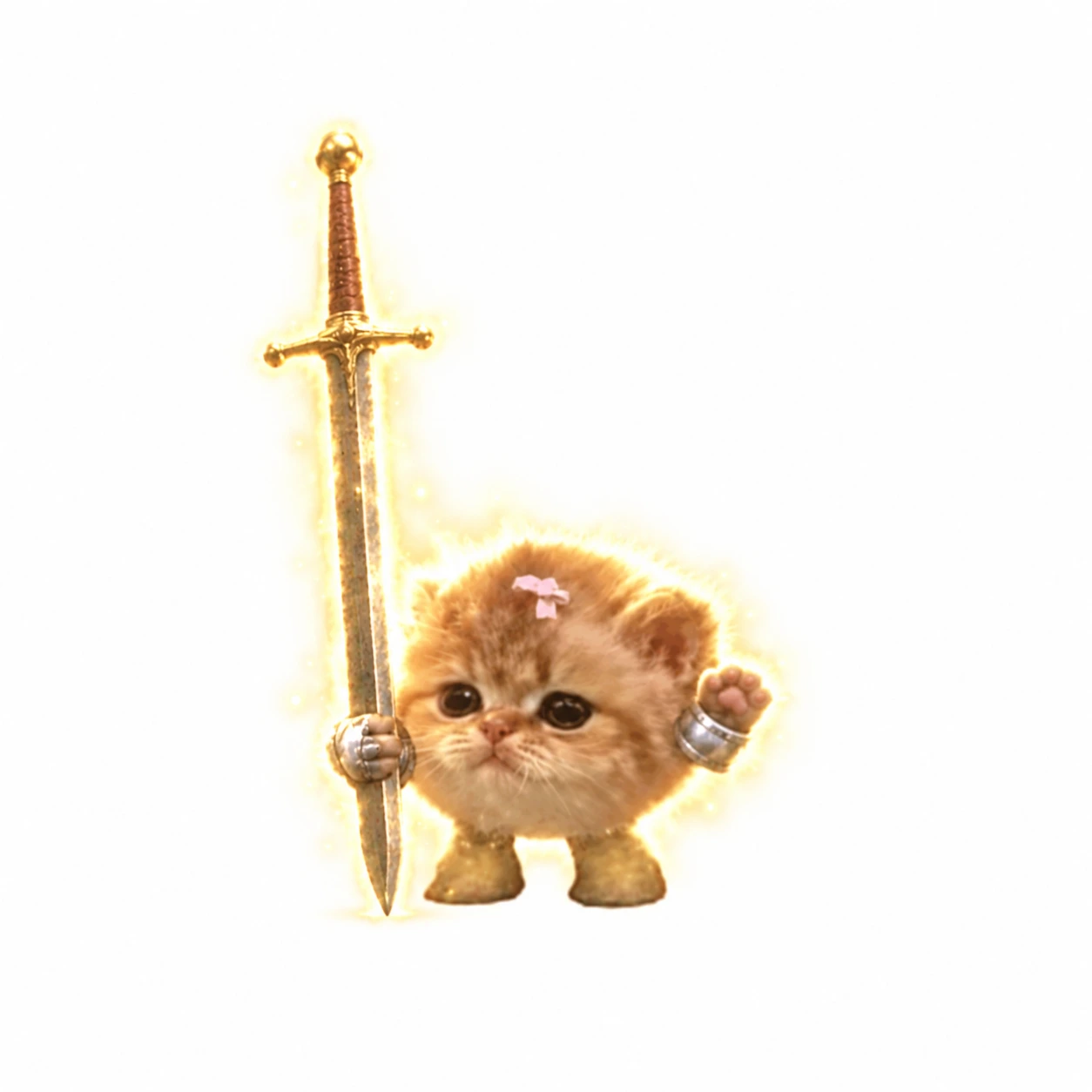 The miniature kitten waves one paw beside his planted golden sword
